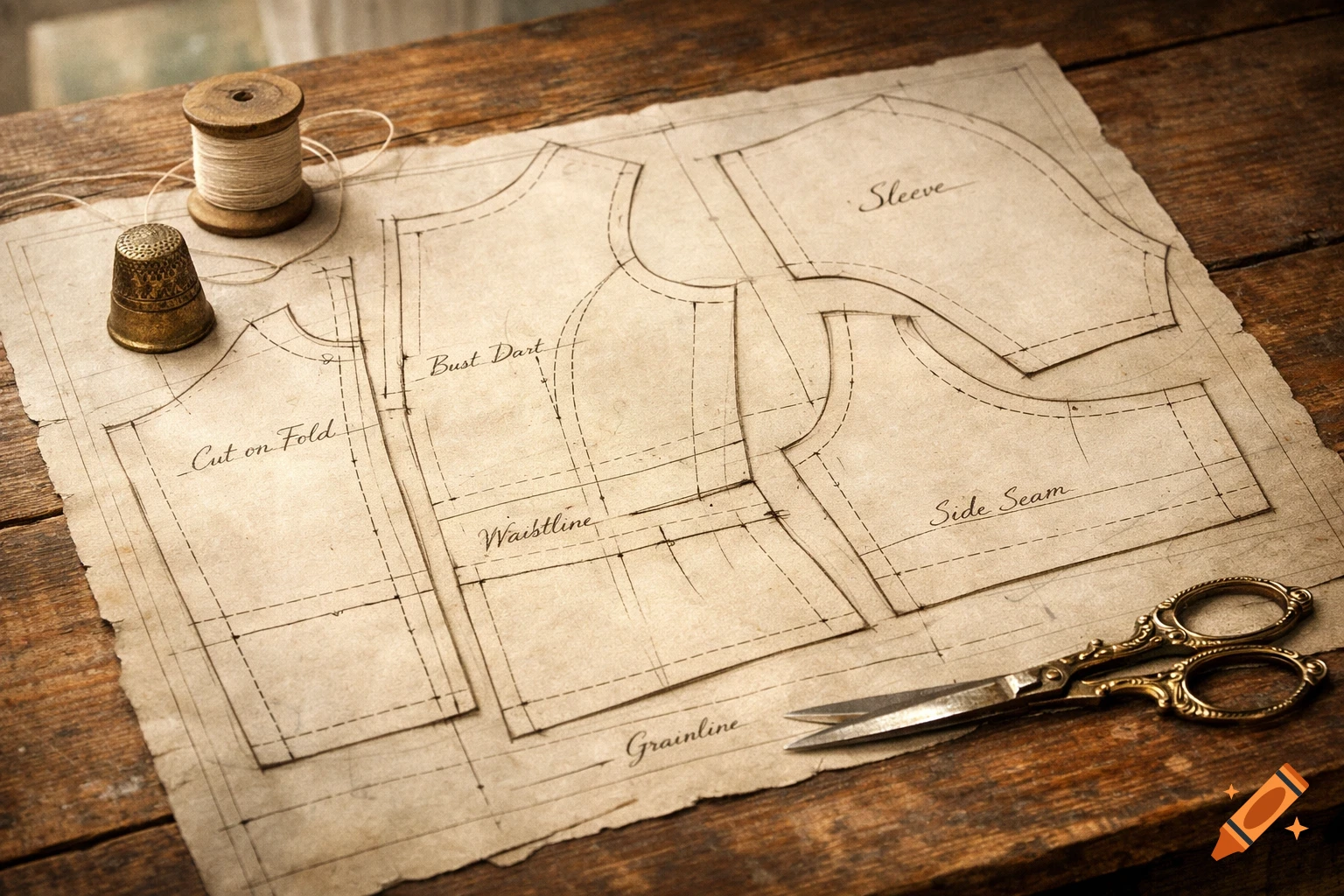 A vintage sewing pattern with measurements and labels, a spool of thread, thimble, and ornate scissors on a wooden table.