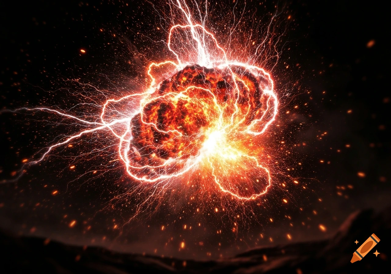 A vibrant, fiery explosion with white lightning bolts and glowing particles against a dark background.