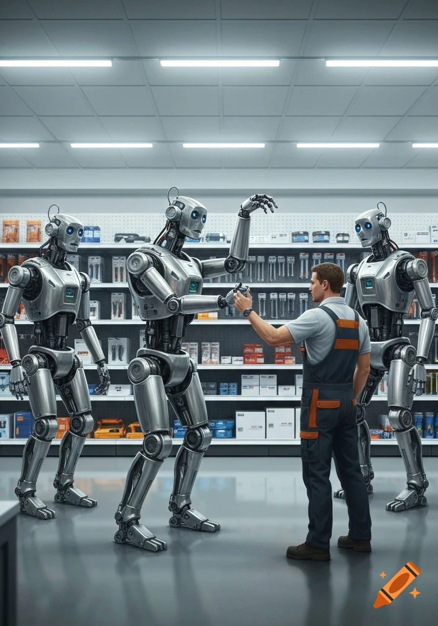 A man in work overalls evaluates a tall, silver robot in a hardware store, with two other robots standing nearby, surrounded by shelves of products. Photorealistic style.