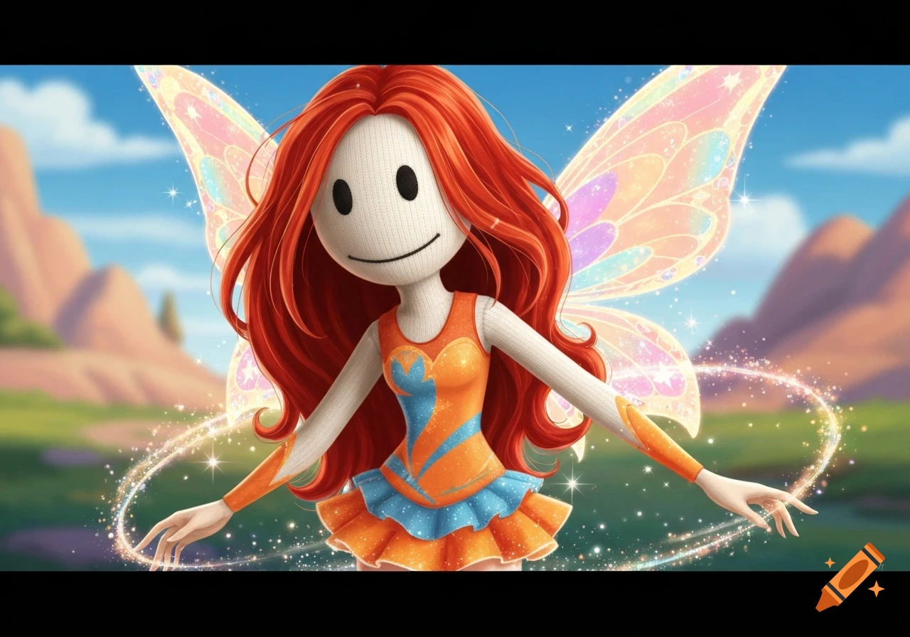 A cartoon-style doll with long red hair, a simple smile, and sparkling fairy wings wears an orange and blue dress, standing in a magical outdoor landscape.