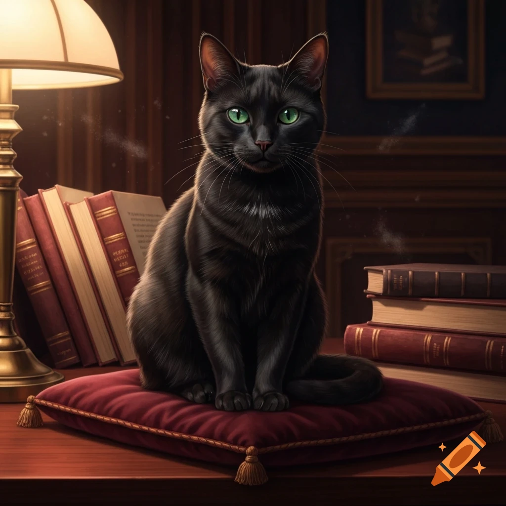 A photorealistic black cat with bright green eyes sits on a red velvet cushion, surrounded by books and a glowing lamp.