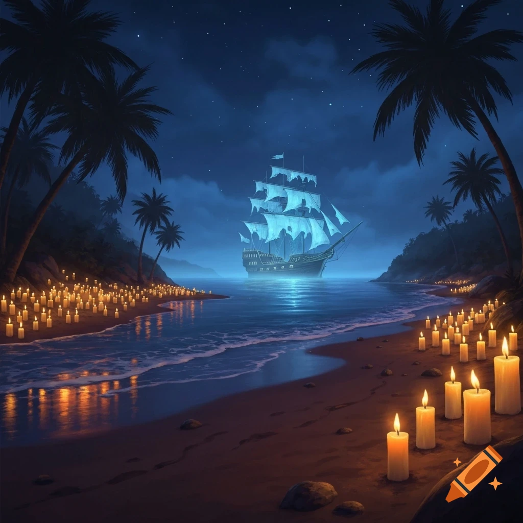 A ghostly pirate ship floats in a moonlit tropical cove, framed by palm trees and a beach illuminated by countless glowing candles.