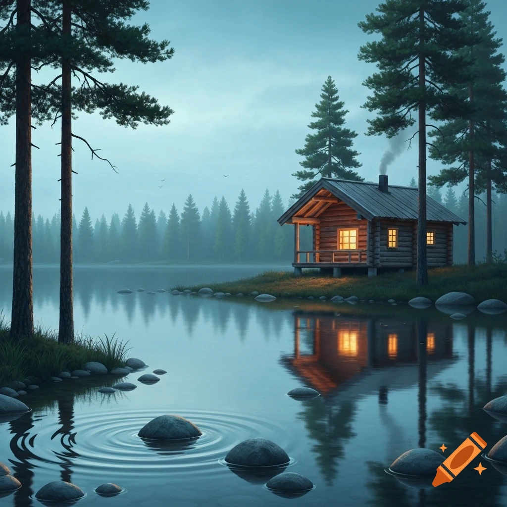 A cozy wooden cabin with glowing windows sits by a serene lake, surrounded by tall pine trees under a misty sky. Ripples spread from a rock in the calm water.