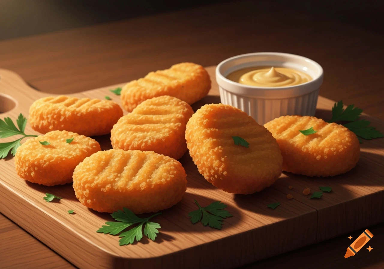 Close-up of golden-brown chicken nuggets on a wooden cutting board, with a small white bowl of mustard dipping sauce.