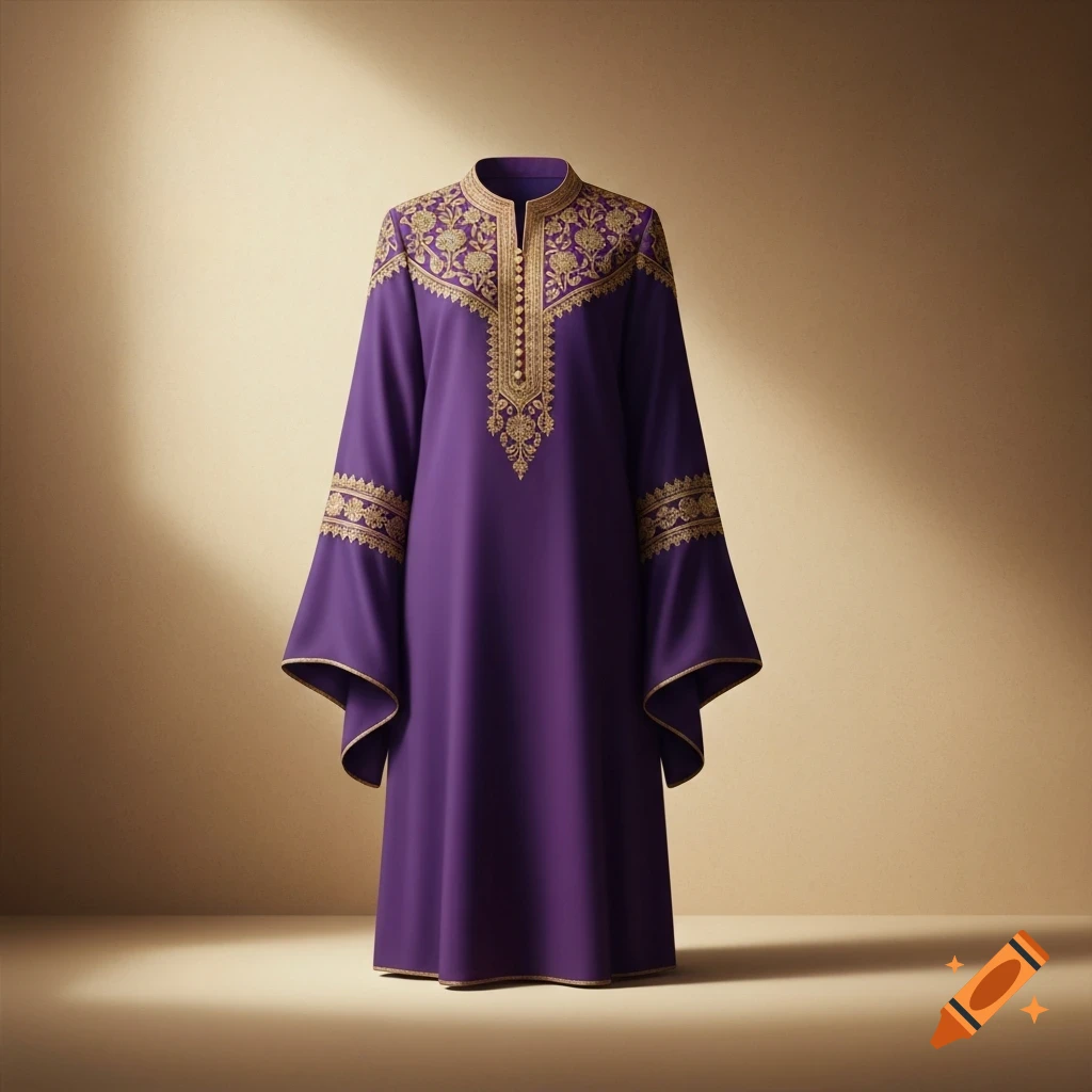 A long purple tunic with elaborate gold embroidery on the collar, chest, and sleeves, set against a warm beige background.