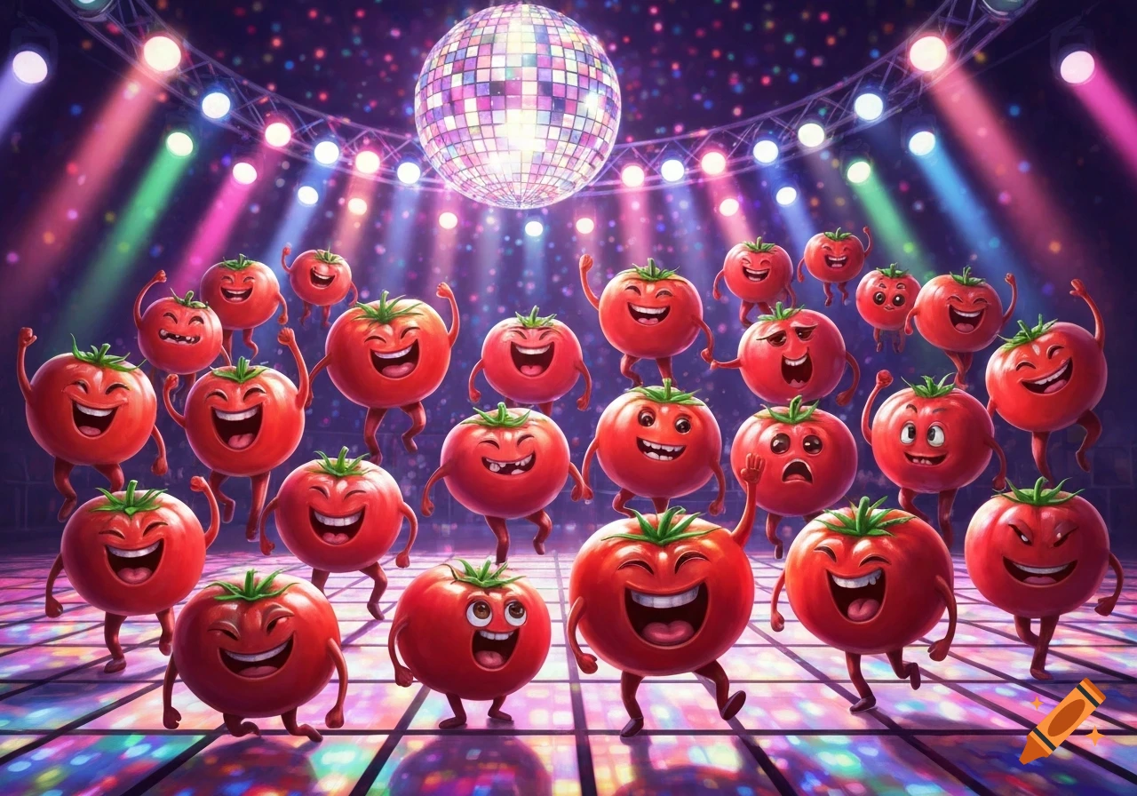 Numerous anthropomorphic tomatoes with happy faces and small legs dance under a sparkling disco ball and colorful lights.
