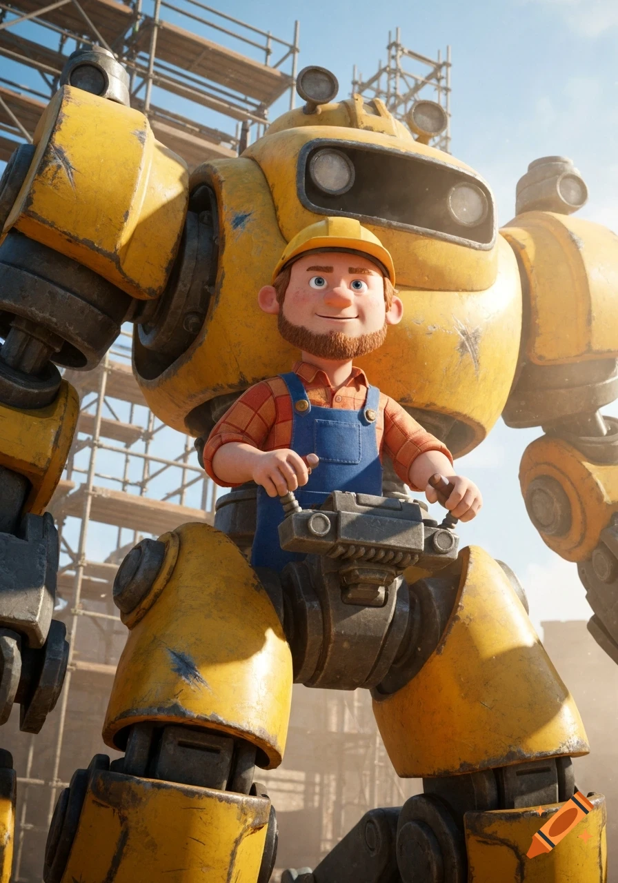 Photorealistic image of a 40-year-old Bob the Builder piloting a large yellow mech on a construction site.