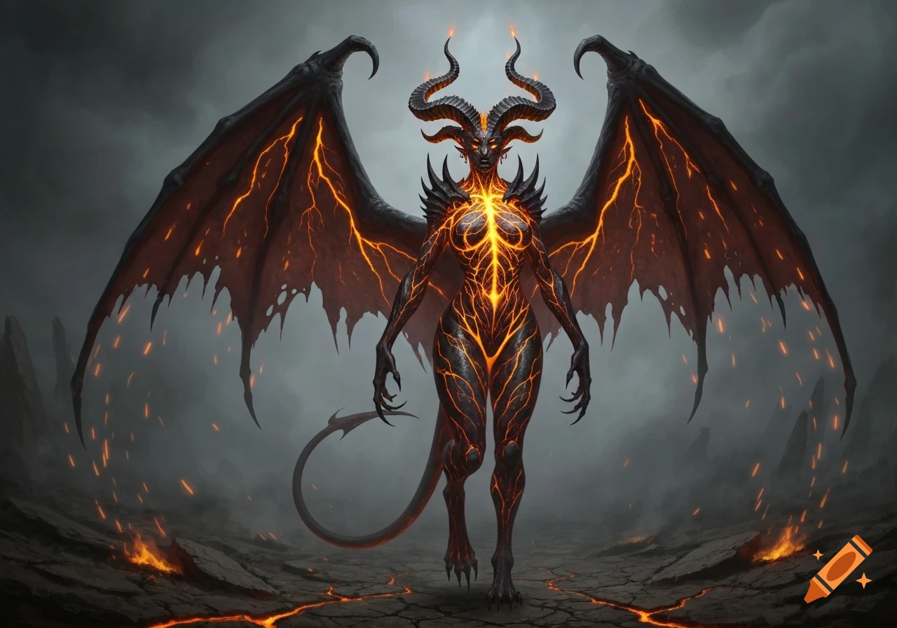 A powerful dark fantasy illustration of a horned, winged demon with obsidian skin, glowing lava veins, and tattered wings, standing on cracked ground.