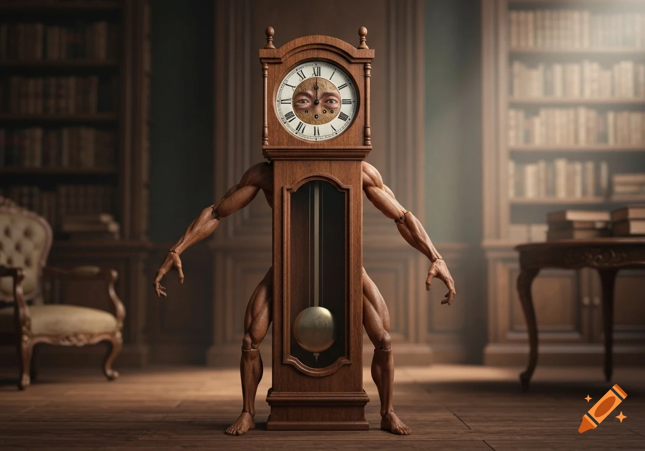 A muscular, wooden grandfather clock with human arms, legs, and a face, standing in a library. Photorealistic style.