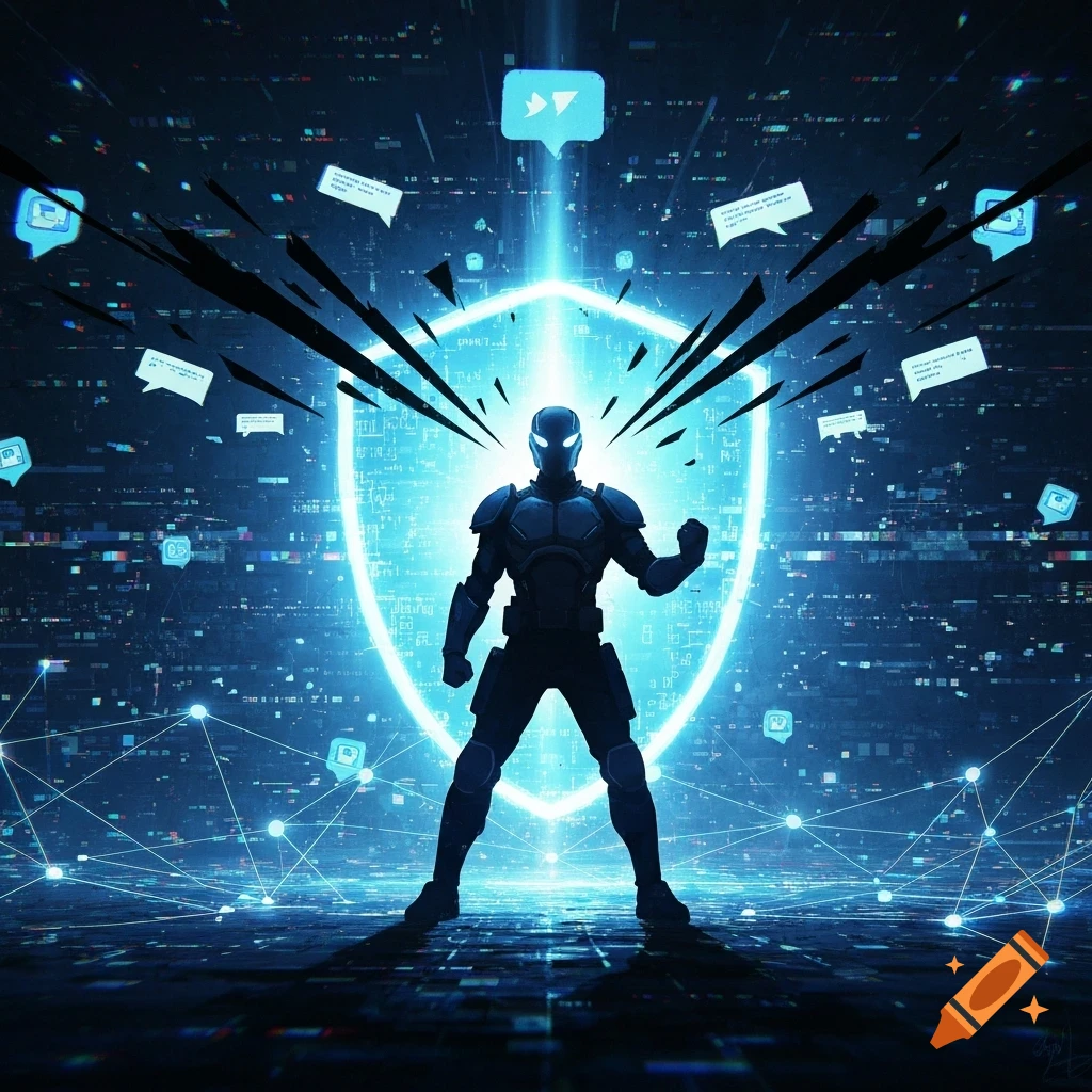 A futuristic armored figure stands before a glowing shield, deflecting dark shards and digital icons in a data-filled, blue sci-fi setting.