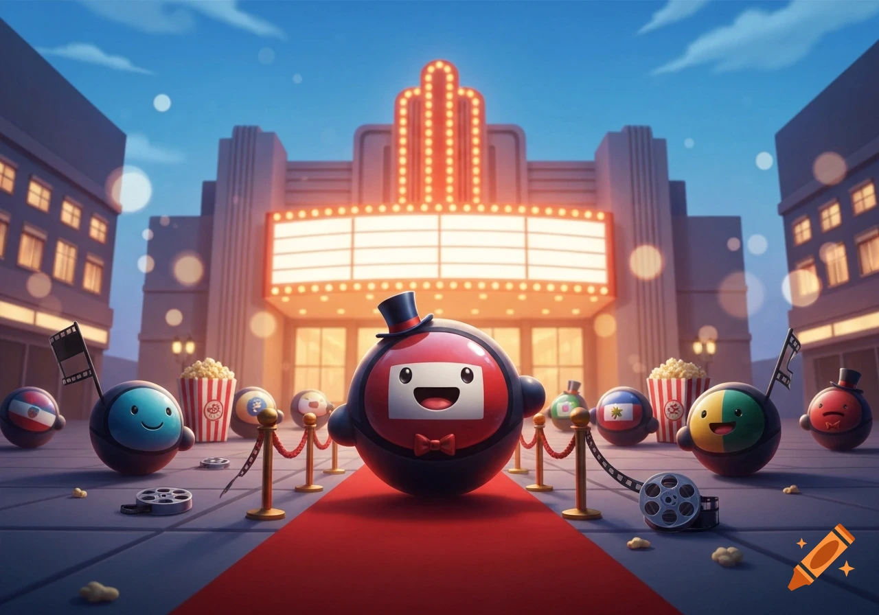 A cartoon red countryball with a top hat and bowtie stands on a red carpet in front of a grand movie theater, surrounded by other countryball characters, film reels, and popcorn.