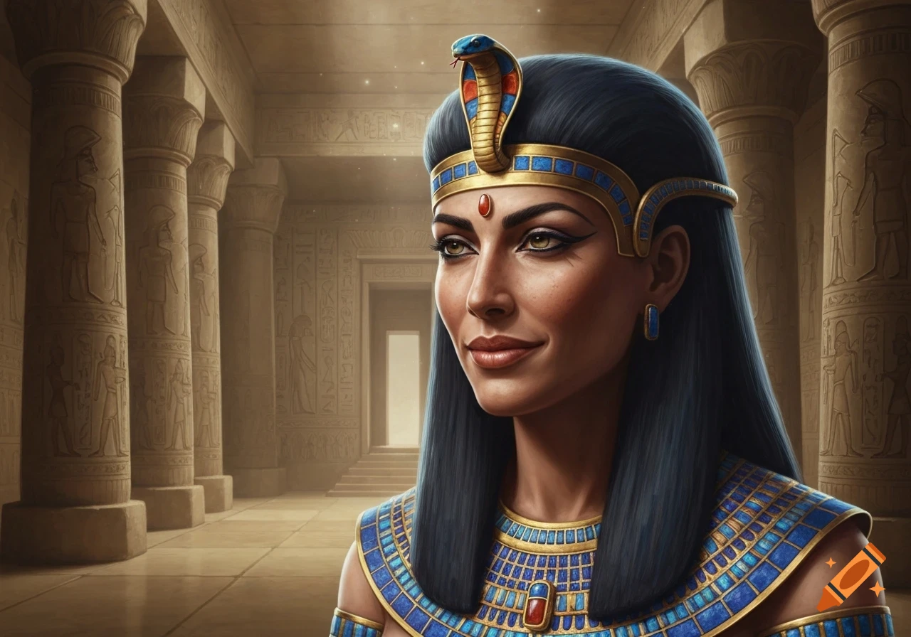 A photorealistic portrait of an ancient Egyptian queen in a temple, wearing a cobra headdress and blue and gold attire.