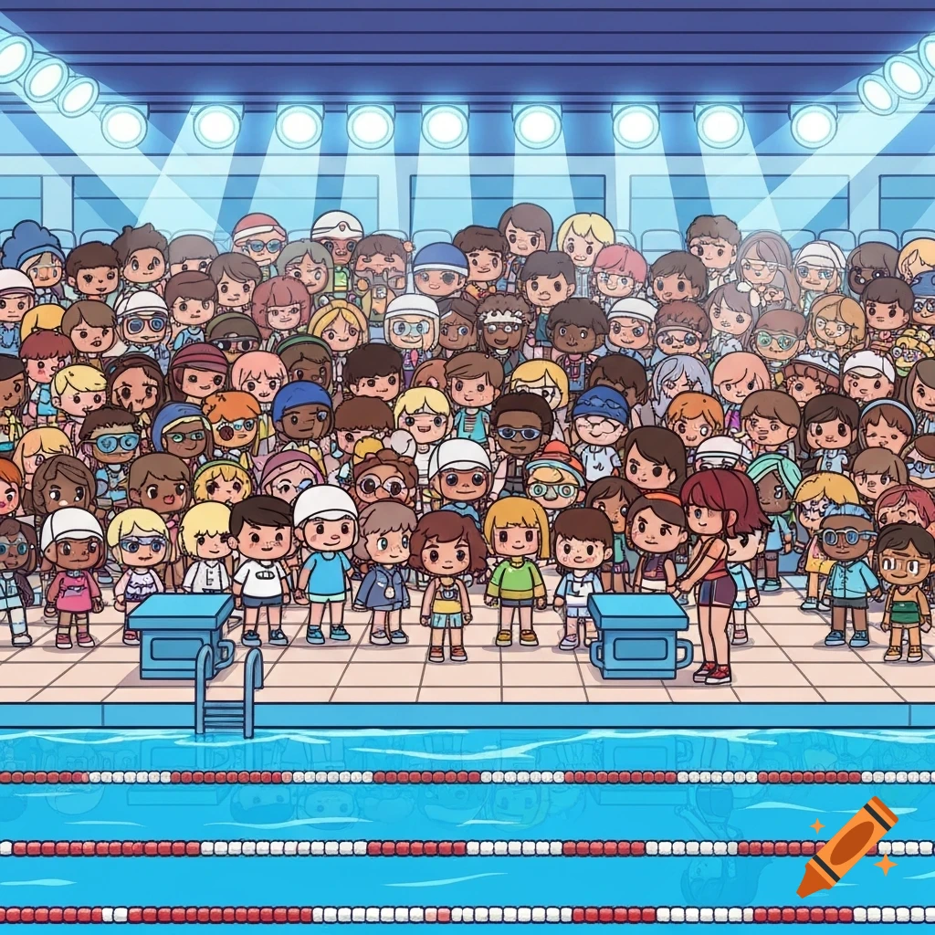 A large crowd of diverse Toca Life-style cartoon characters watch from the stands of a swimming arena, with a pool and starting blocks in the foreground.