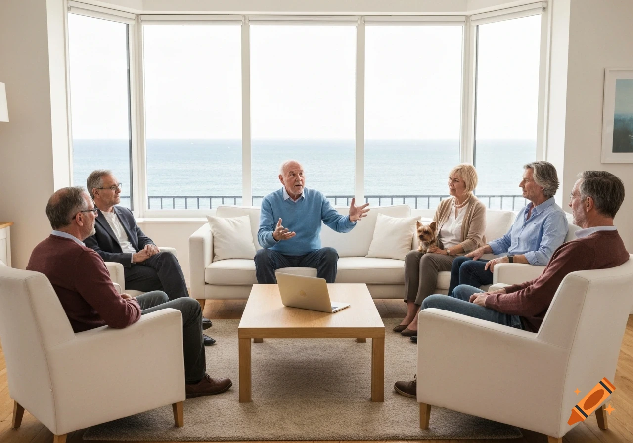 Elderly people discuss in a bright modern living room with an ocean view. A man gestures while speaking to four others and a small dog.