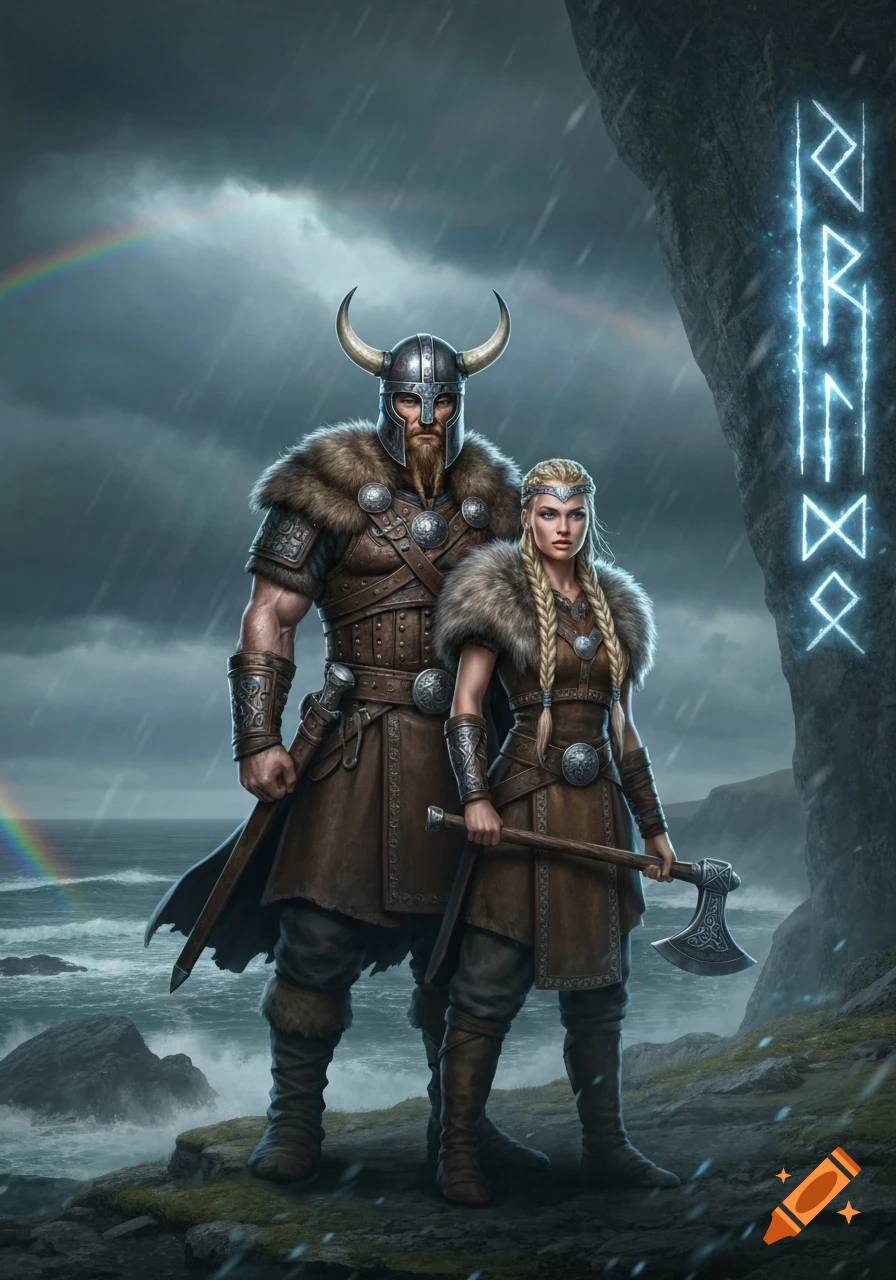 A stoic male and female Viking warrior stand on a rocky coast under a rainy, cloudy sky with a rainbow and glowing runes on a cliff. Stylized digital art.