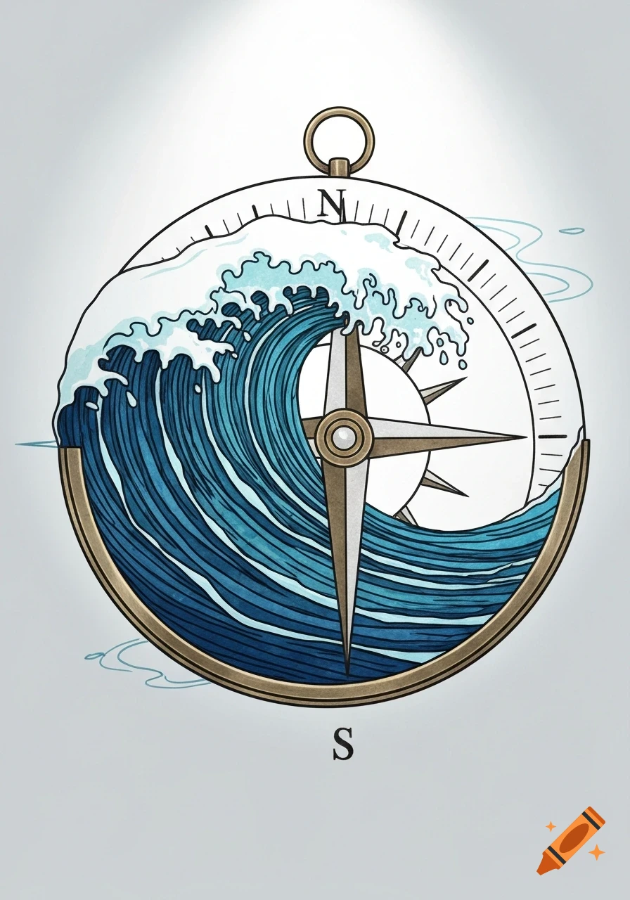 A stylized compass tattoo design with an ocean wave on one side, marked N for North and S for South.