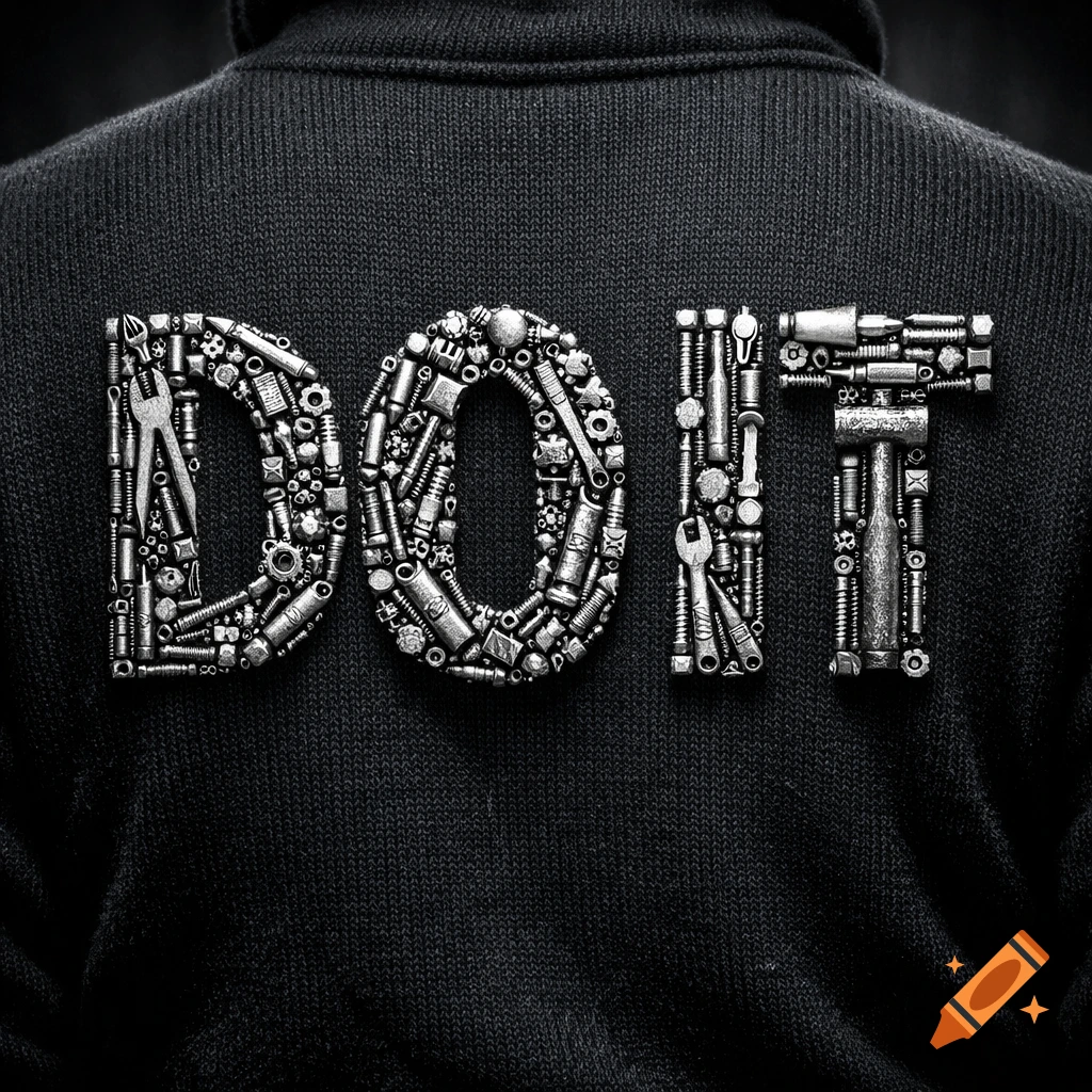 Photorealistic image of the back of a person in a black sweater with 'DO IT' spelled out in metallic tools.