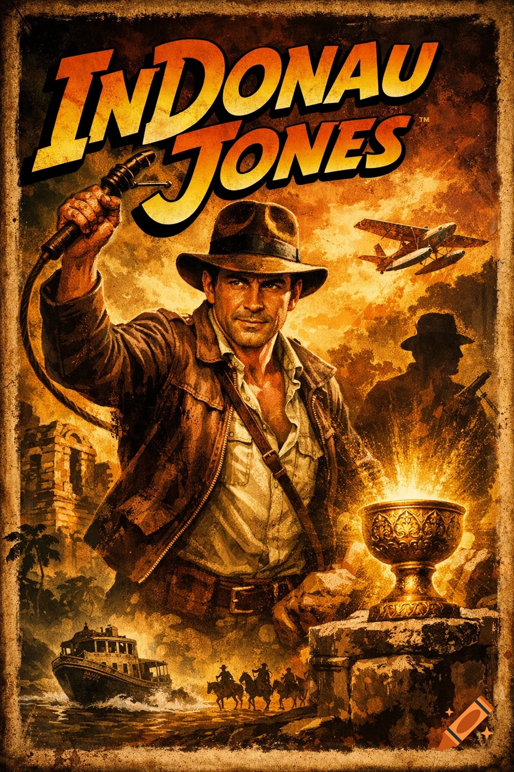 Vintage-style adventure movie poster for 'INDONAU JONES' featuring a male adventurer holding a whip, a glowing golden chalice, ruins, a boat, horses, and a floatplane.