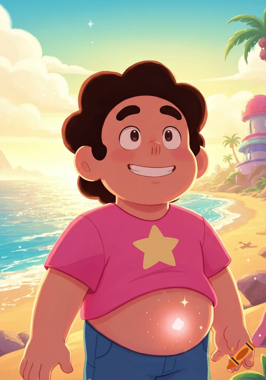 Steven Universe, a young boy in a pink shirt with a yellow star, smiles on a sunny beach with the ocean and palm trees in a cartoon style.