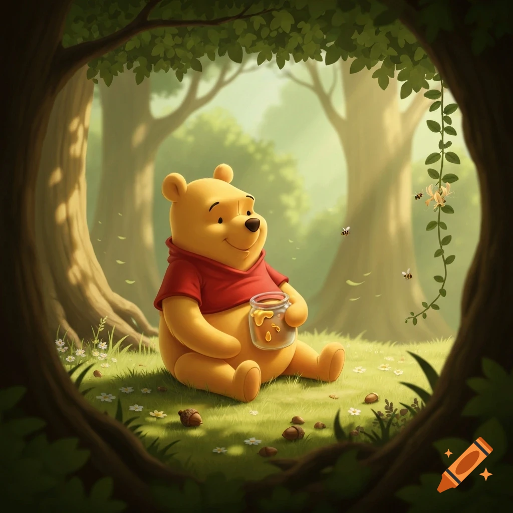 Winnie the Pooh sits smiling in a sunny cartoon forest, holding a honey pot, with bees and flowers nearby.
