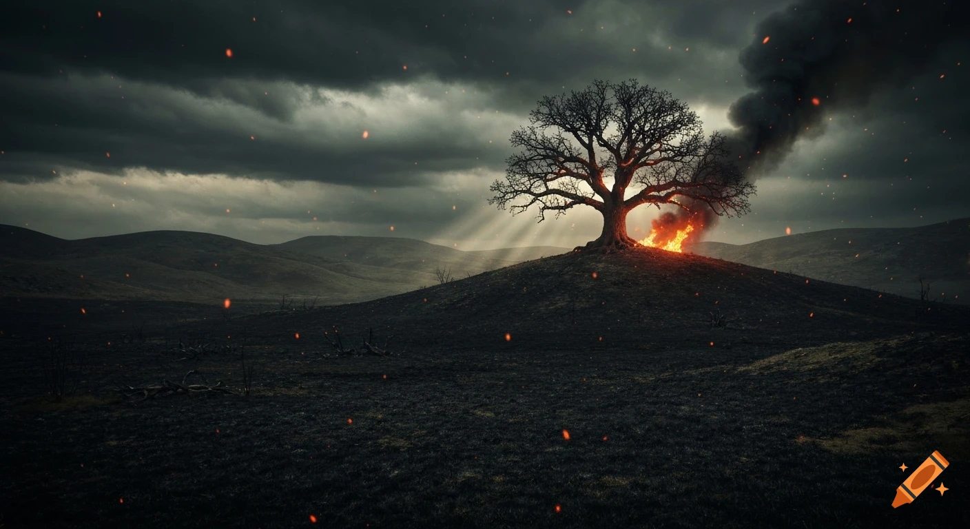 A dramatic cinematic landscape of an ancient oak tree burning on a hill under a stormy, smoky sky, with ash and embers flying.
