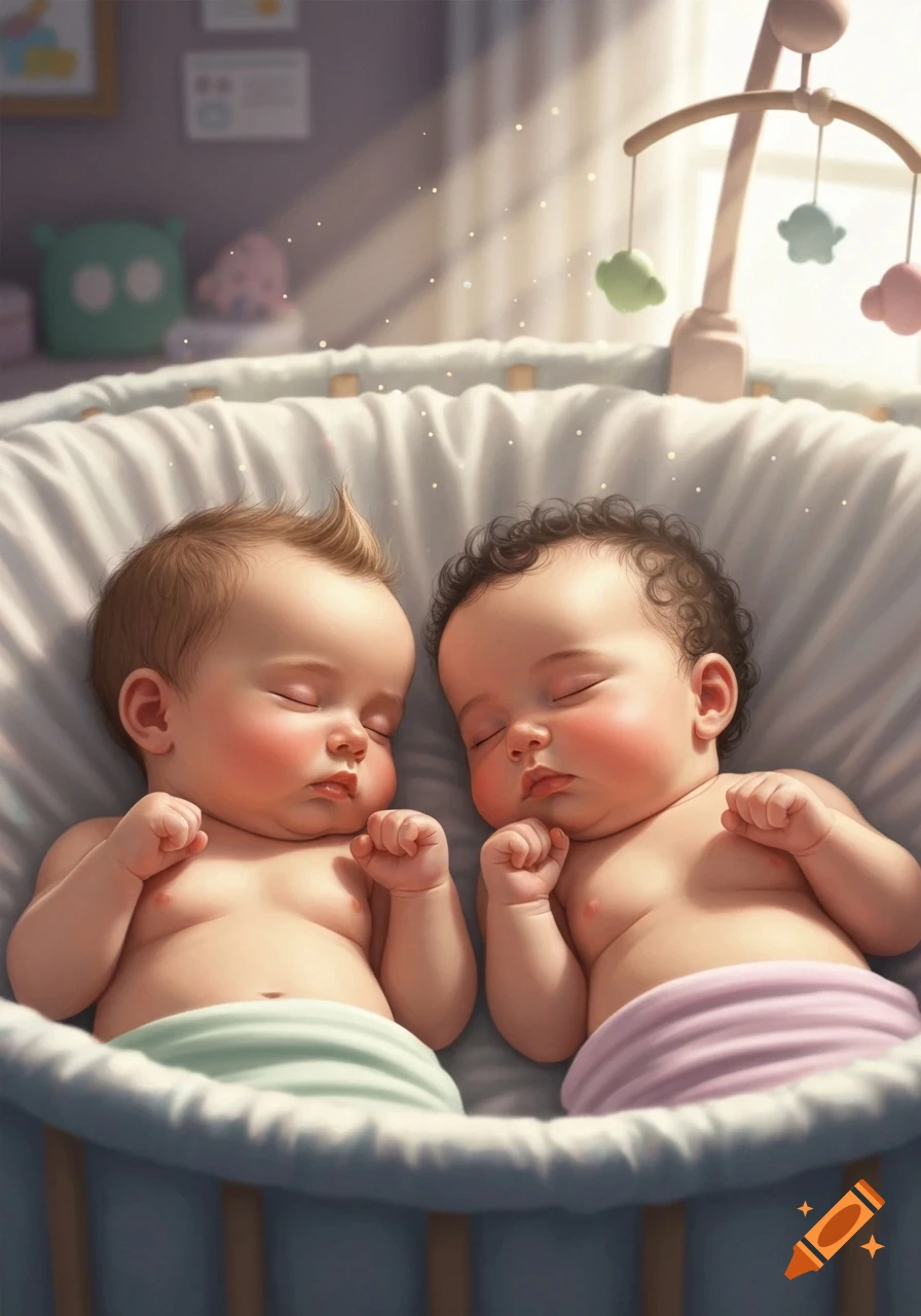 Two adorable twin babies sleeping soundly in a cozy crib with a mobile hanging above them, bathed in soft light.