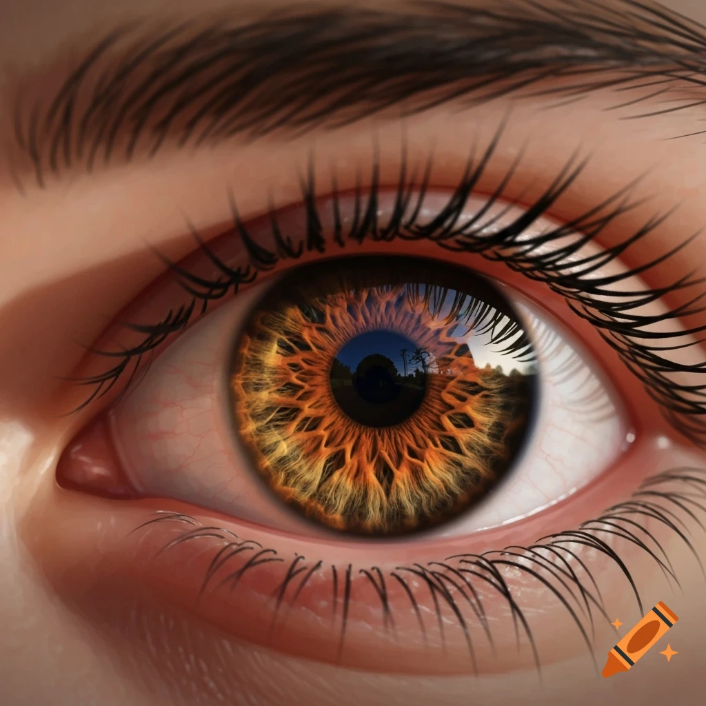Extreme close-up of a human eye with a complex, fiery orange and brown iris reflecting a landscape.
