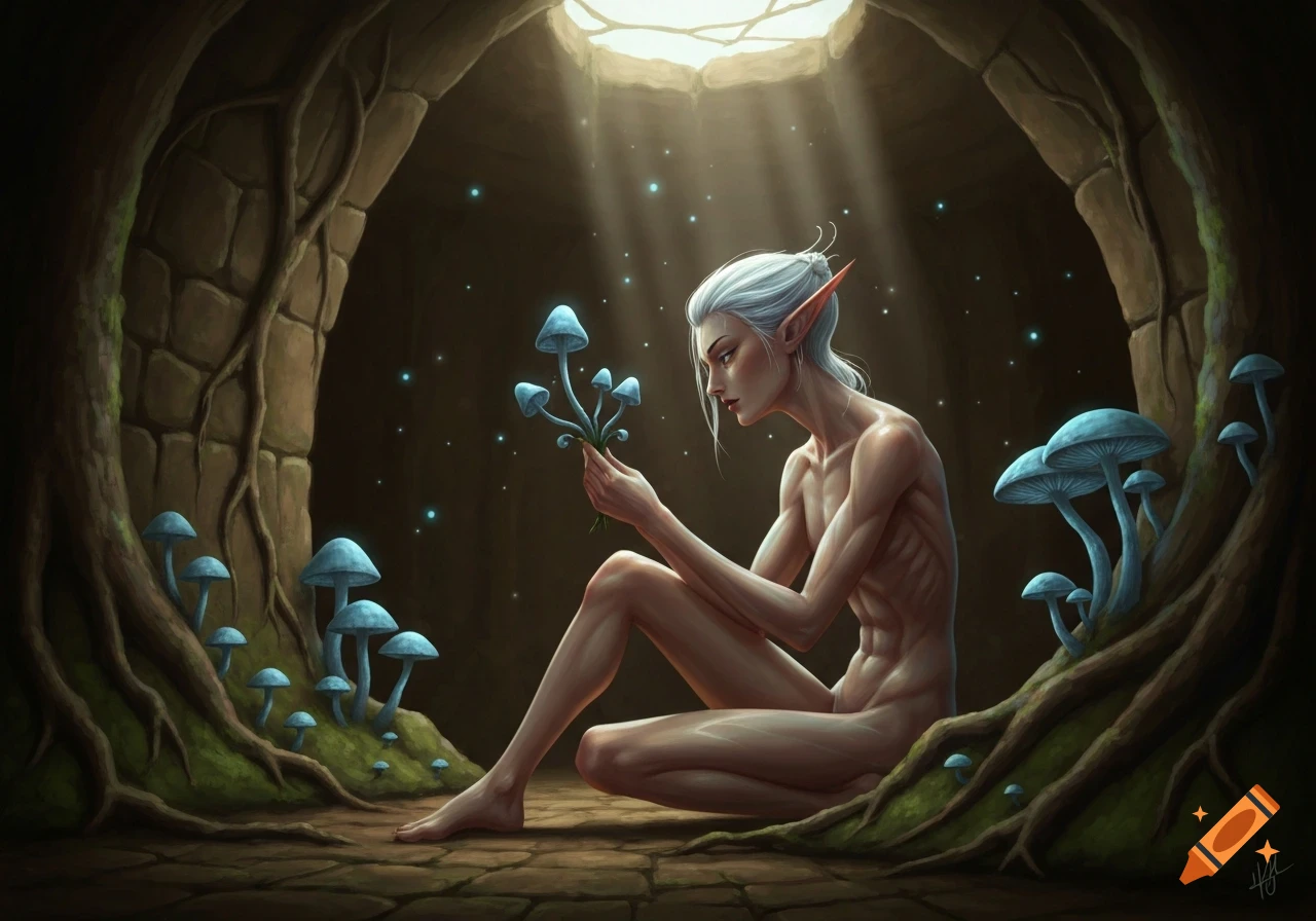 A slender, white-haired elf sits in a dimly lit cave, holding glowing blue mushrooms. Rays of light stream from an opening above.