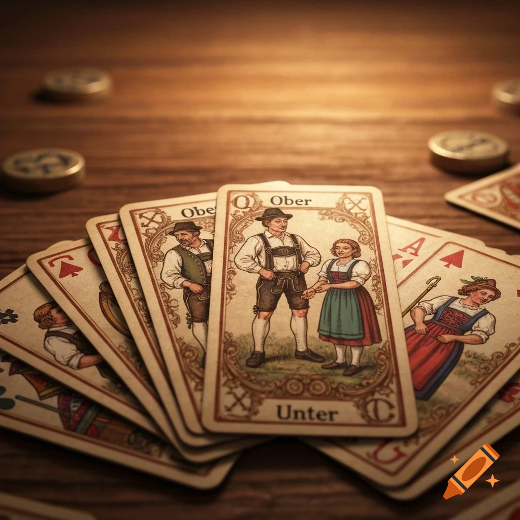Traditional German playing cards, showing figures in folk attire, fanned on a wooden table with coins.