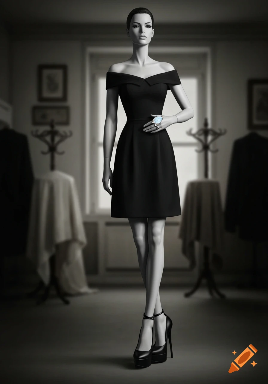 Photorealistic black and white image of a mannequin in an off-shoulder black mini dress, high heels, and a large ring.