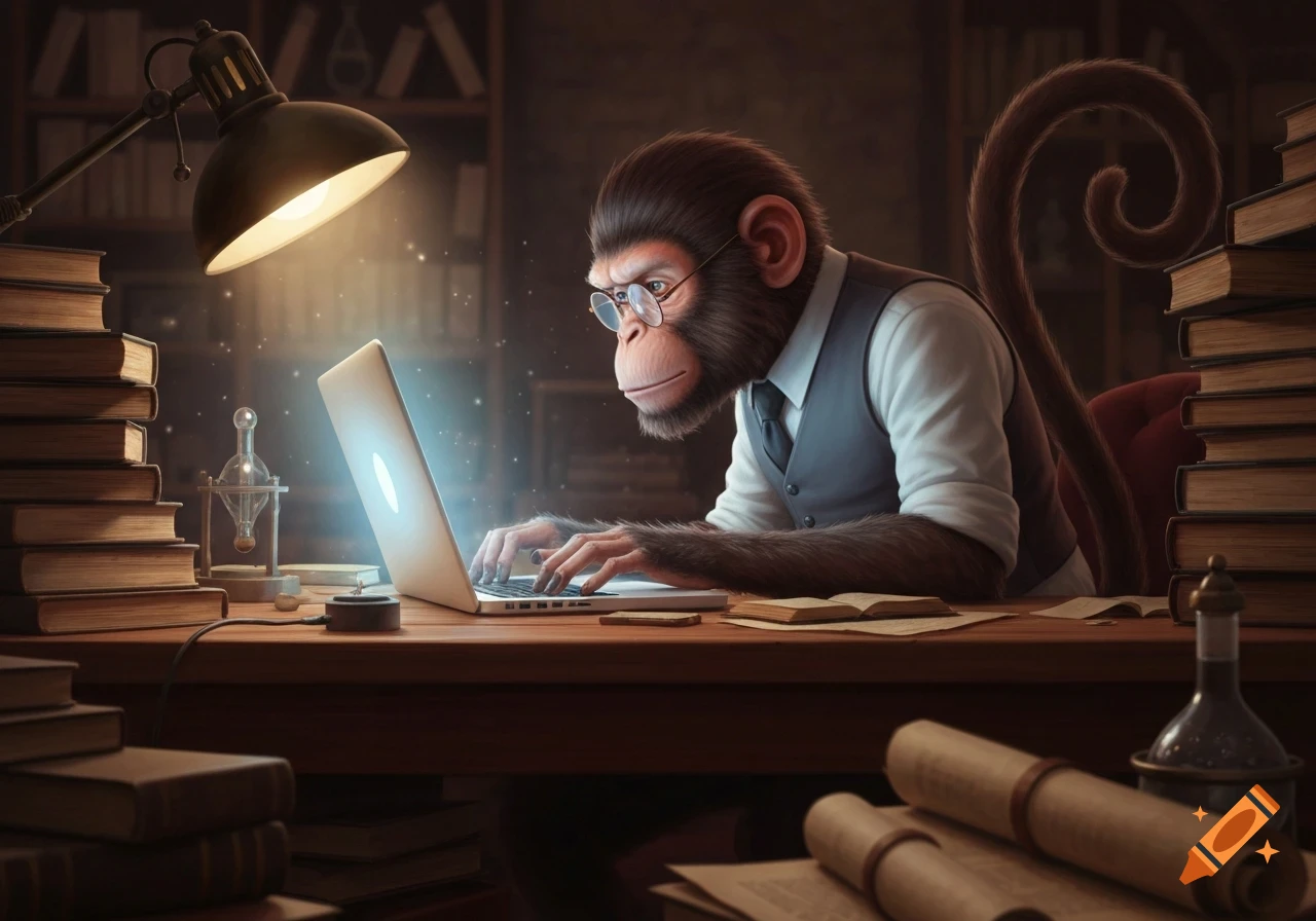 A studious chimpanzee wearing glasses and a vest types on a glowing laptop at a wooden desk in a dimly lit library, surrounded by stacks of books.