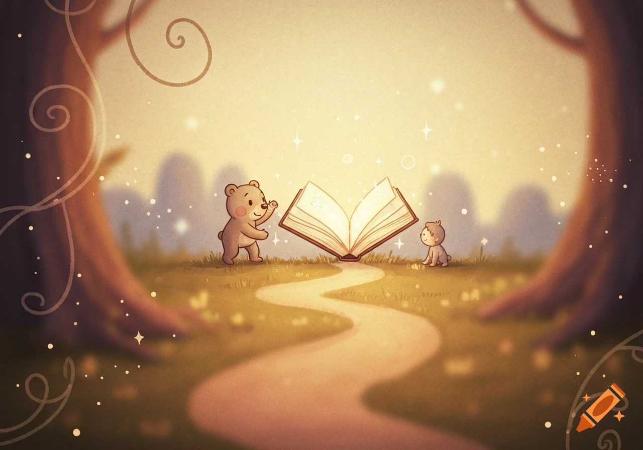 A cute cartoon bear and a small creature look at a glowing open book on a winding path in a whimsical, magical forest.