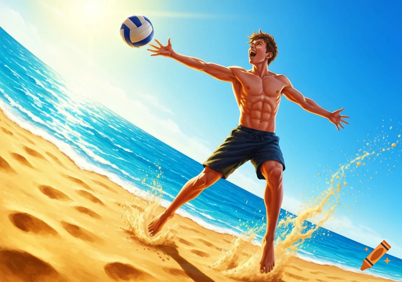 Shirtless young man in dark shorts jumping to hit a volleyball on a sunny beach, splashing sand.