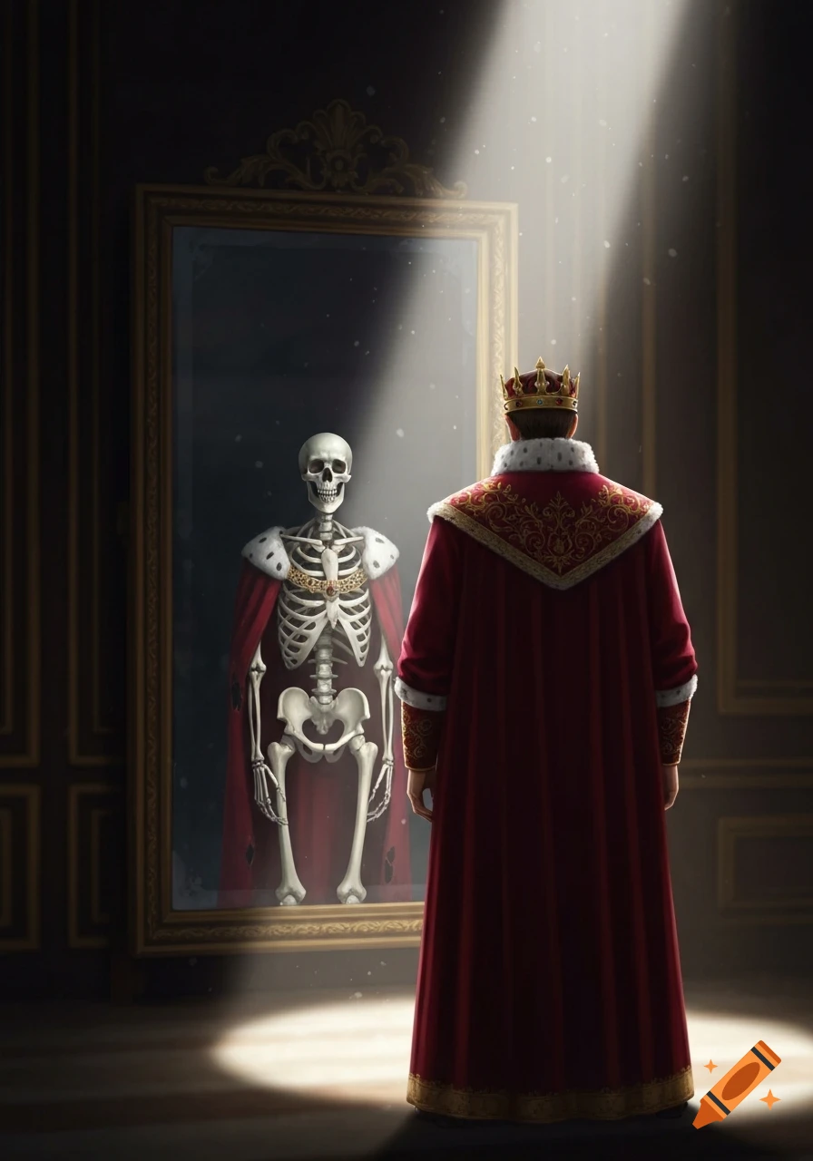 A king in a red robe and crown faces a mirror, seeing a skeleton wearing his attire reflected.