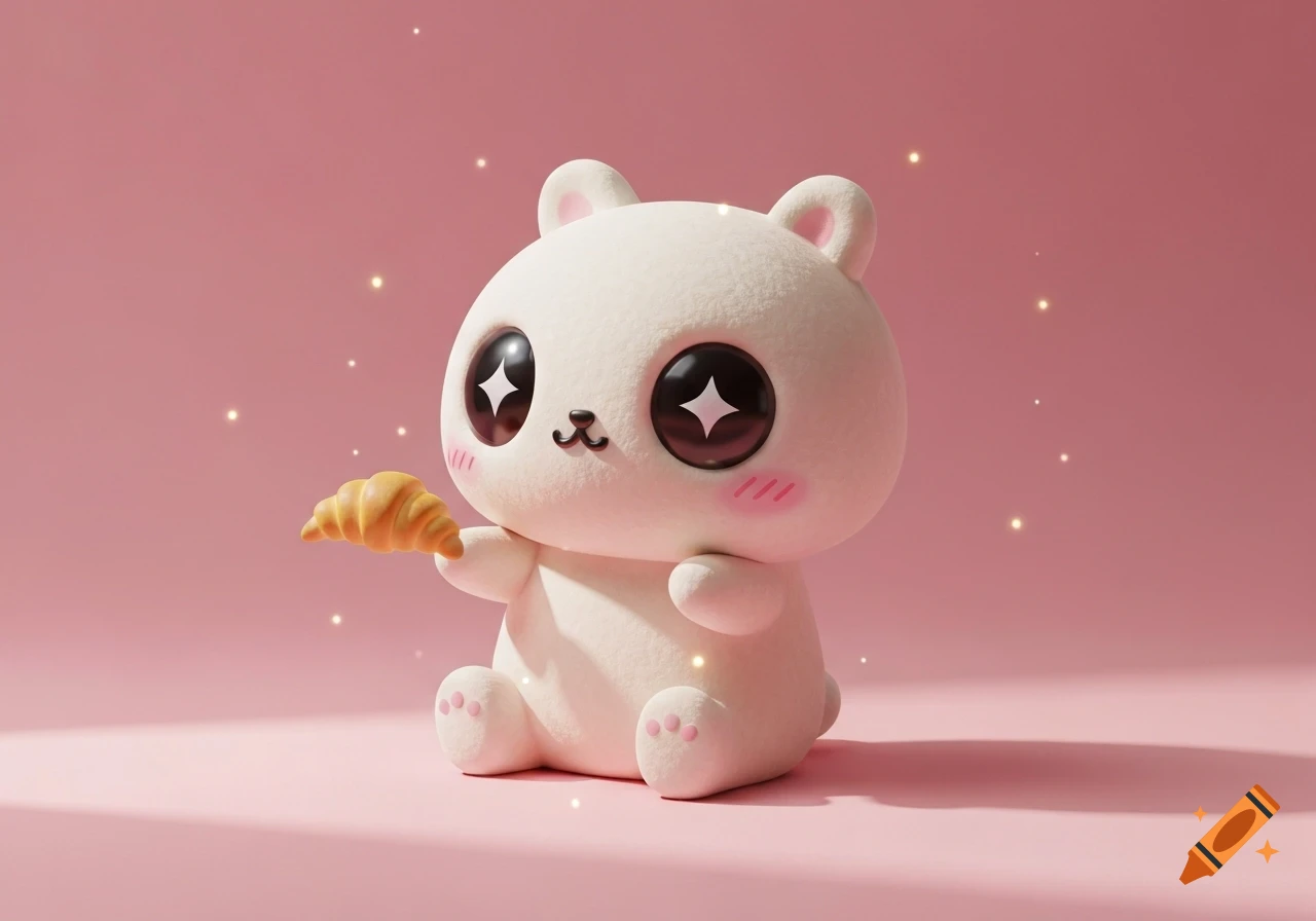 A cute, plush-like white bear character with big shiny eyes and pink blush, holding a mini croissant, against a soft pink background with subtle sparkles.