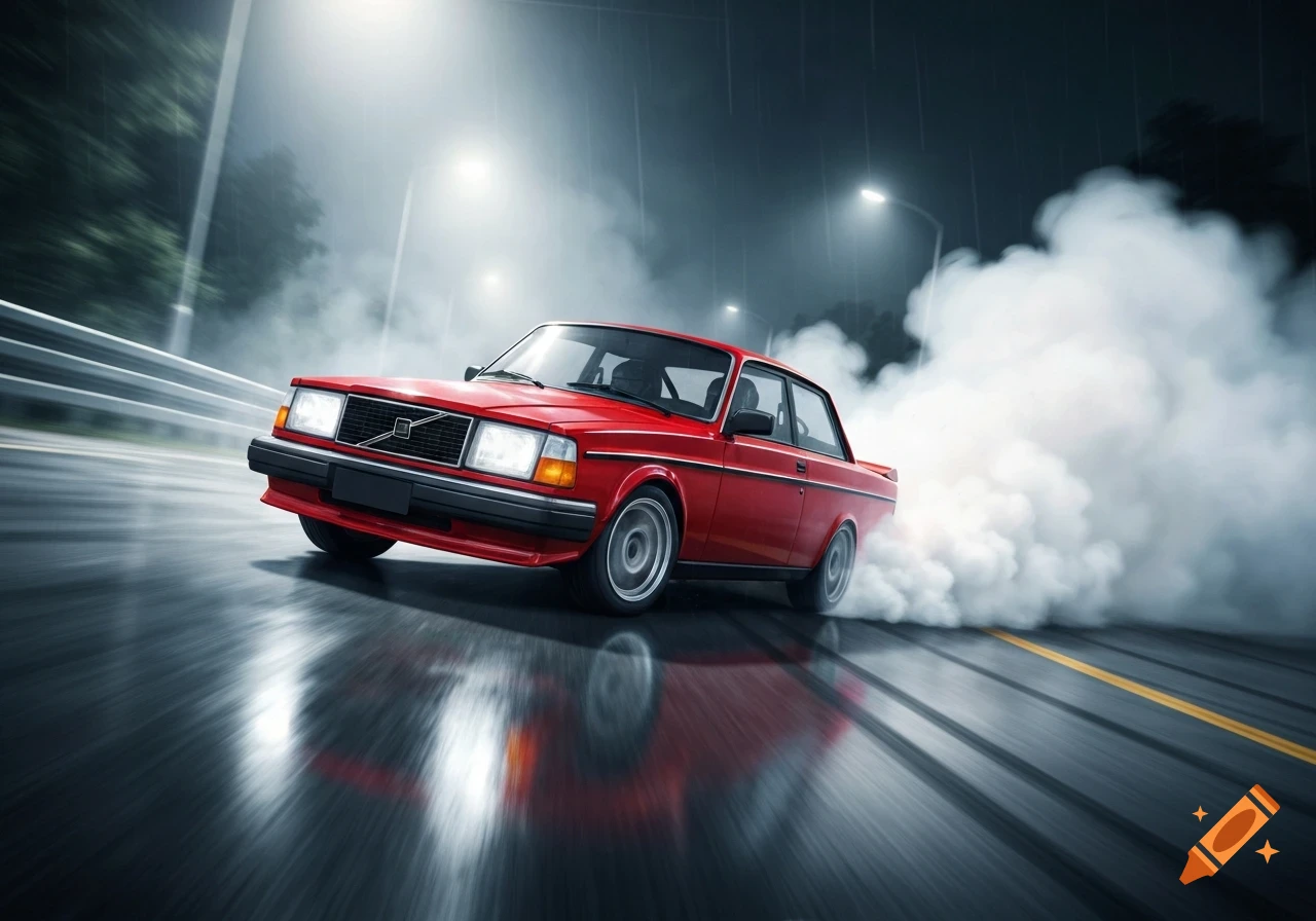 Red Volvo 240 coupe drifting on a wet road at night, creating a massive cloud of tire smoke under streetlights.