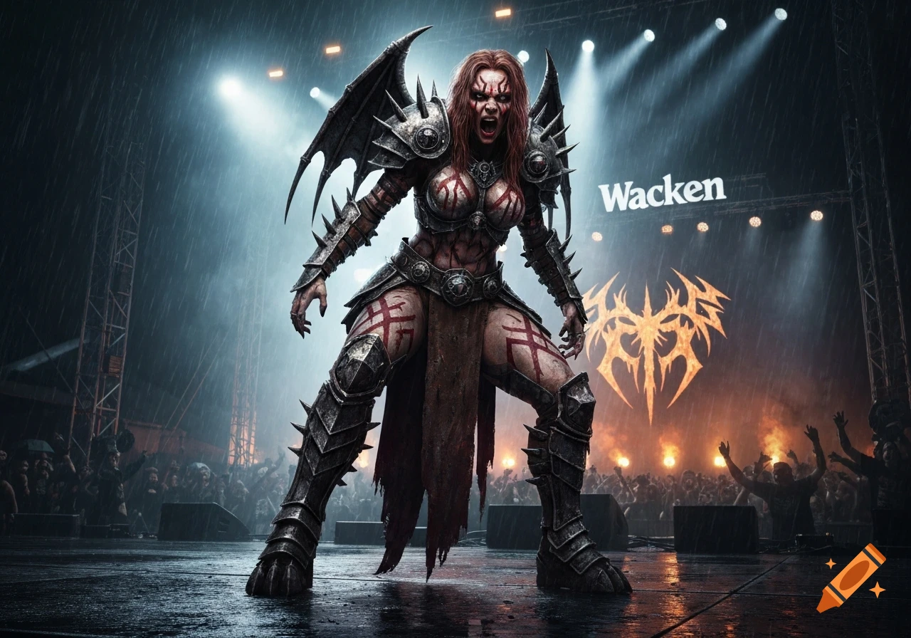 A formidable female warrior with armor and red markings screams on stage during a rainy Wacken metal concert, with a crowd and stage lights.