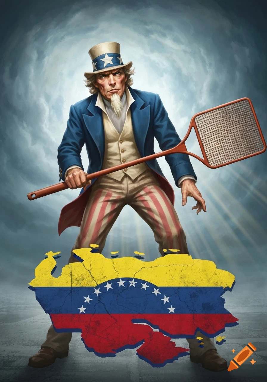 Uncle Sam stands on a map of Venezuela, holding a large fly swatter, against a stormy sky.