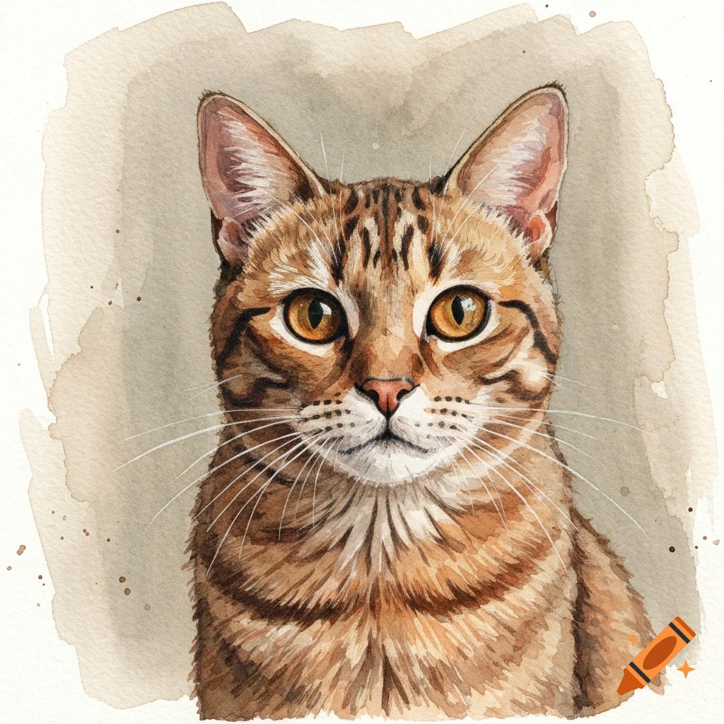 Watercolor painting of a brown tabby cat with amber eyes, looking ...