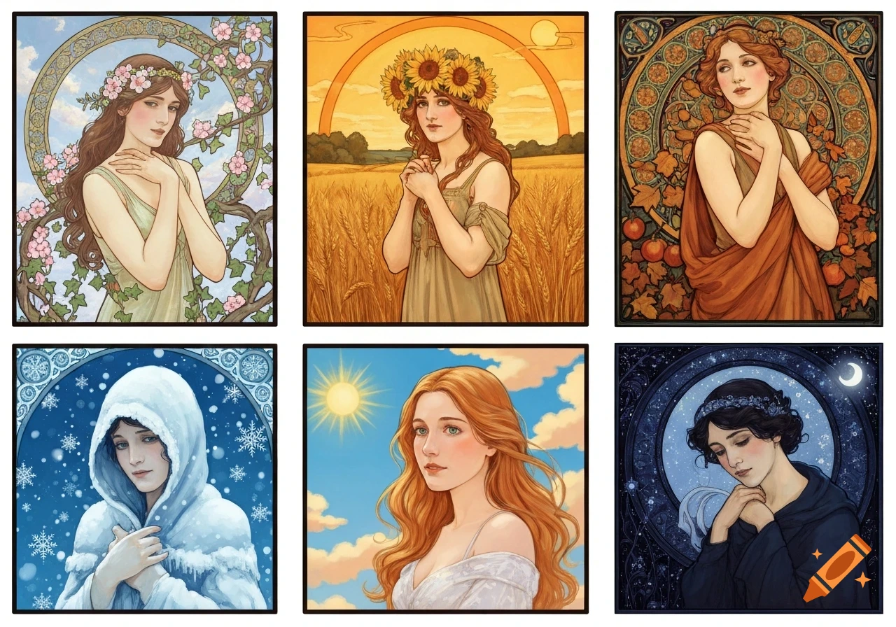 Six Art Nouveau style portraits of women representing spring, summer, autumn, winter, day, and night, each in a stylized frame.