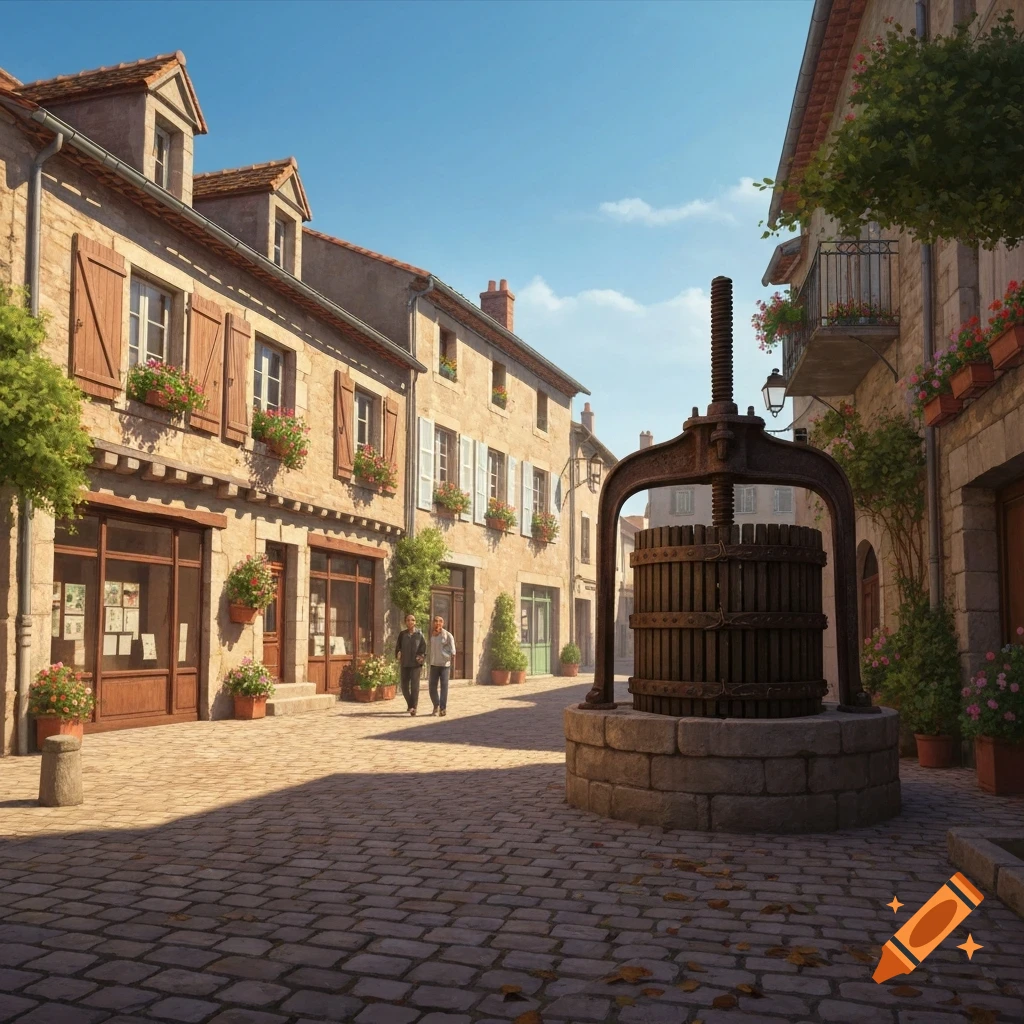A photorealistic image of a quaint village street with old stone buildings, cobblestones, and an antique press in the foreground.