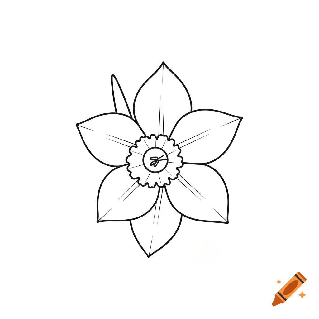 A black and white outline vector drawing of a daffodil flower.