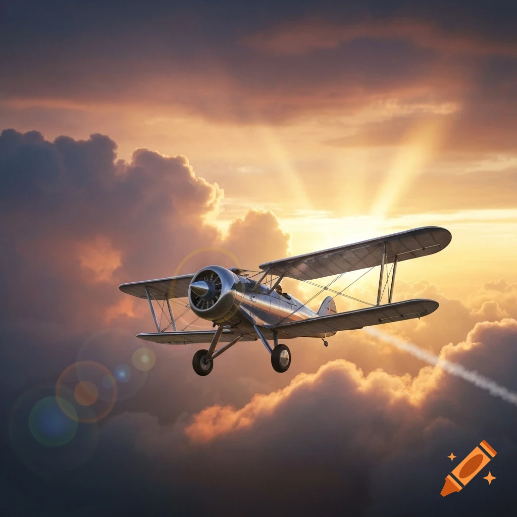 A shiny silver biplane flies through dramatic orange and purple clouds at sunset, with sun rays breaking through.