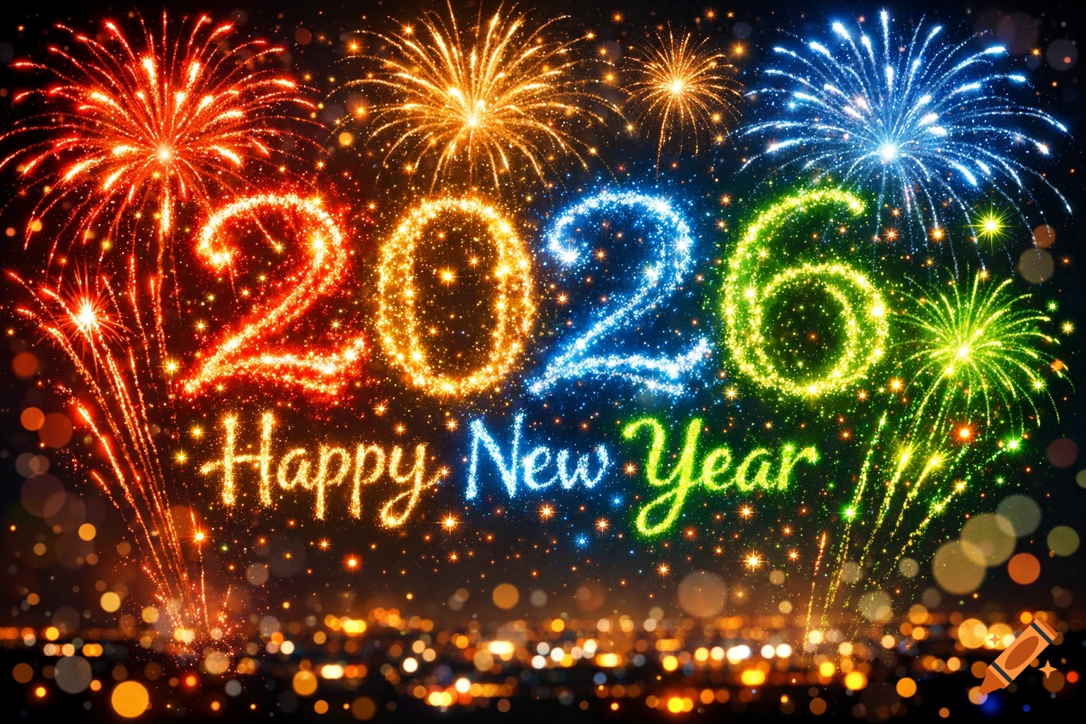 Colorful fireworks spell out '2026 Happy New Year' over a blurry city skyline at night, creating a festive atmosphere.