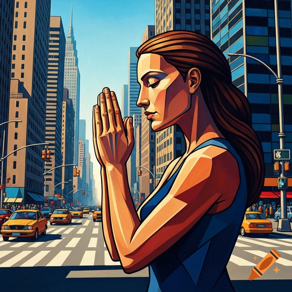 Stylized image in Picasso-esque art style depicting a woman with clasped hands in a city street with tall buildings and yellow taxis.