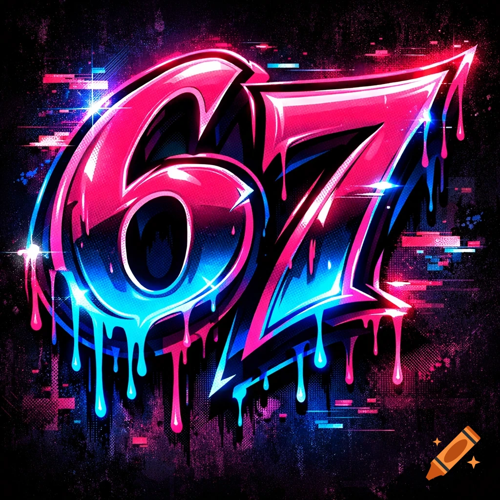 Neon pink and blue graffiti-style numbers 67 with dripping paint and glitch effects on a dark background.