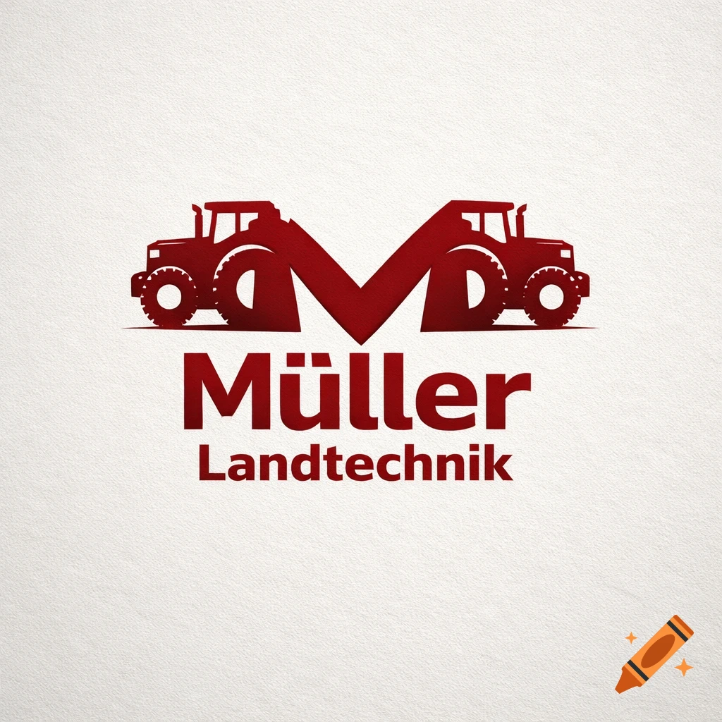 Red logo for Müller Landtechnik with a stylized M formed by two tractor silhouettes.