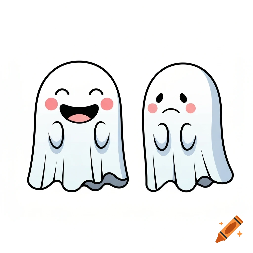 A happy cartoon ghost with pink cheeks and an open mouth next to a sad cartoon ghost with downturned eyes and pink cheeks on a white background.