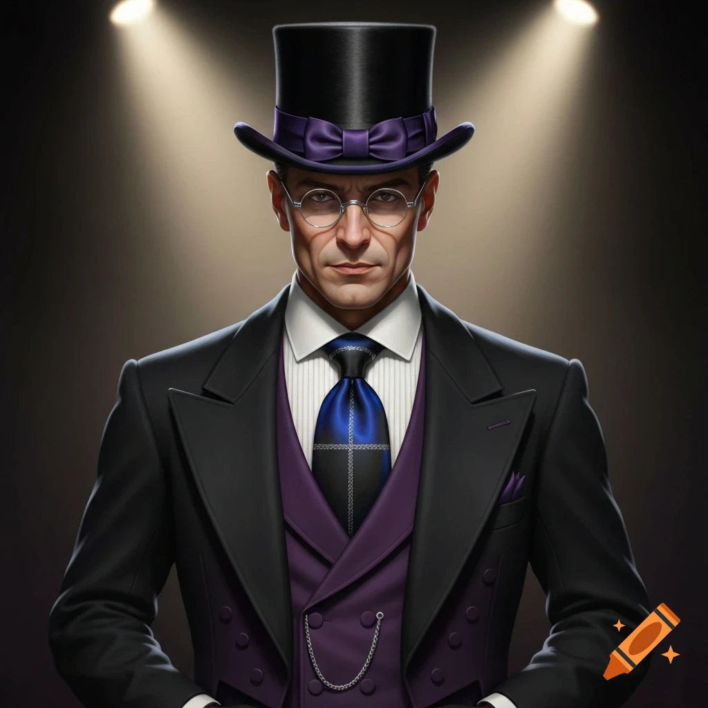 Photorealistic portrait of a dapper man in a black top hat with a purple bow, glasses, black tailcoat, purple waistcoat, and blue tie, under spotlights.