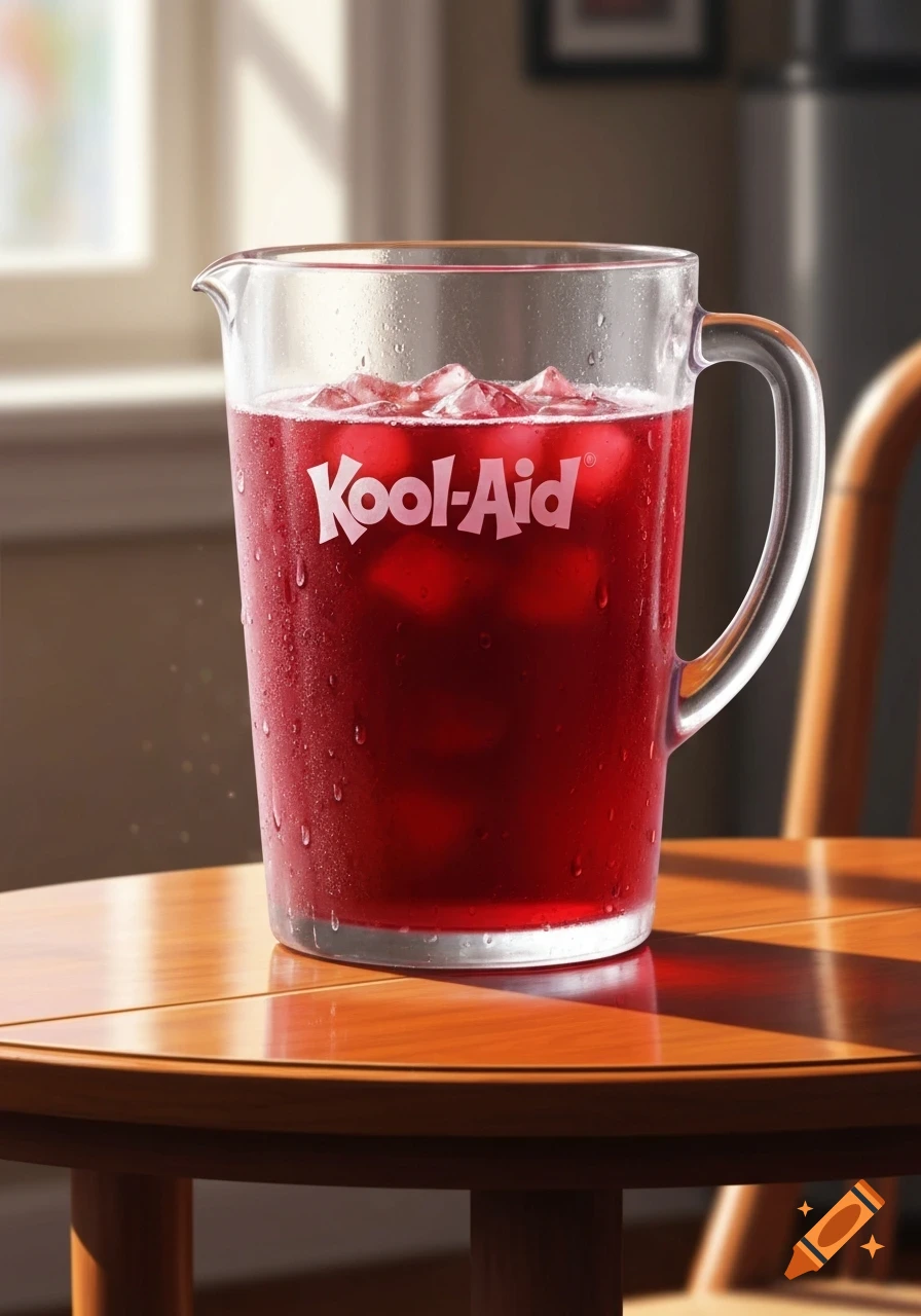 Photorealistic image of a condensation-covered glass pitcher filled with red Kool-Aid and ice cubes on a wooden table.